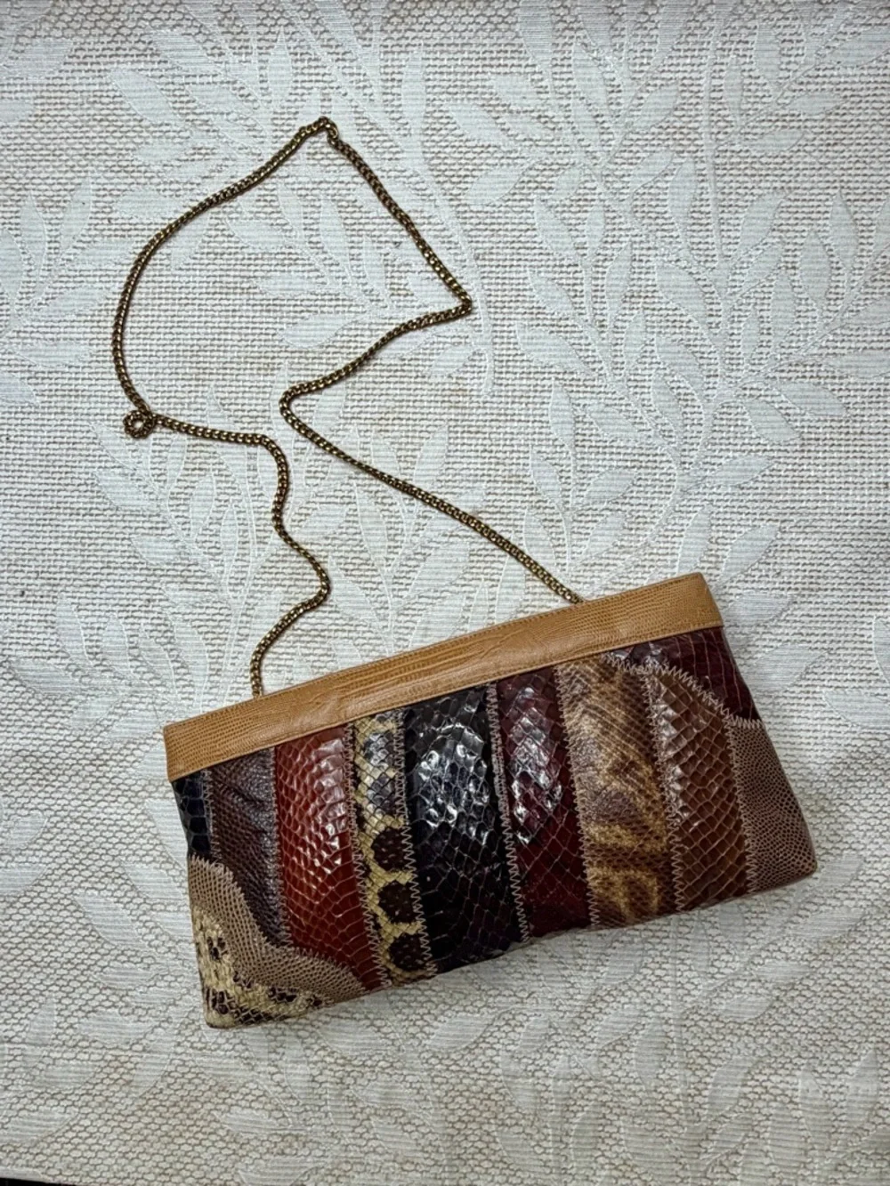 Bags by Supreme Vibtage Patchwork Snake-Embossed Crossbody Clutch - Tan & Brown